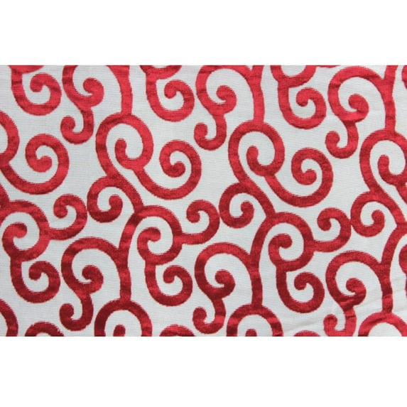 Fabric Mart Direct Ivory Burnout Velvet Fabric By The Yard, 46 inches or 117 cm width, 1 Yard Ivory Velvet Fabric, Cayenne Red Scrolls, Upholstery Drapery Curtain Wholesale Fabric, Window Treatment