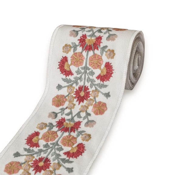 Fabric Mart Direct Ivory & Red Floral Garden Embroidered Designer Fabric Ribbon by the Yard, Flowers Curtain Tape, Upholstery Lace For Table Cloth, 4 Inch (102 mm) Embroidery Drapery Trim for DIY