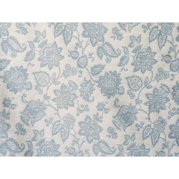 Fabric Mart Direct Ivory, Teal Blue Viscose Linen Fabric By The Yard, 55 inches or 140 cm width, 5 Continuous Yards Ivory Linen Fabric, Teal Blue Flowers, Upholstery Drapery Curtain Wholesale Fabric