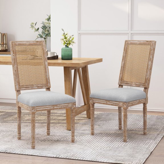 Fabric Material - Cane Rectangular Backrest - Home Dining - Natural Grain Rubberwood Set of 2