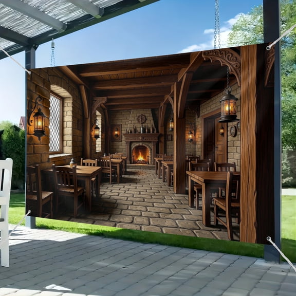Fabric Medieval Tavern Backdrop Wooden Bar Interior Fireplace Counter Tables Chairs Inn Bar Restaurant Photography Background for Party Decorations Photo Studio Props