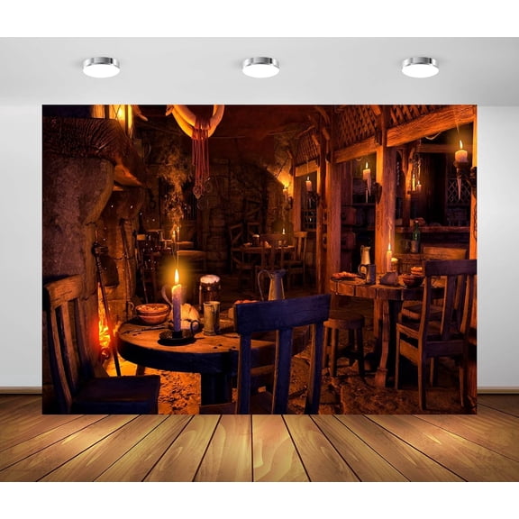 Fabric Medieval Tavern Photography Backdrop 7x5ft Wooden Interior Fireplace and Candlelight Bar Inn Restaurant Scene for Party Decorations and Photo Booth Studio Props