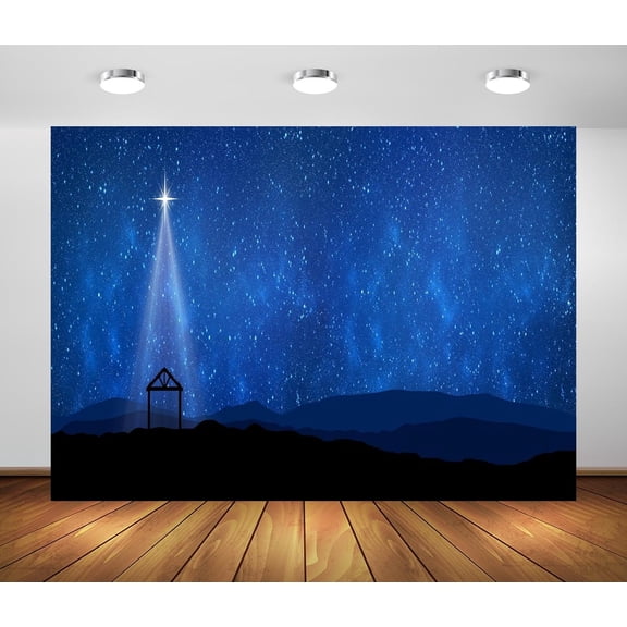 Fabric Nativity Scene Photo Backdrop 7x5 ft Blue Starry Sky Bethlehem Manger Scene Christmas Church Religious Decoration for Photography Studio and Photo Booth