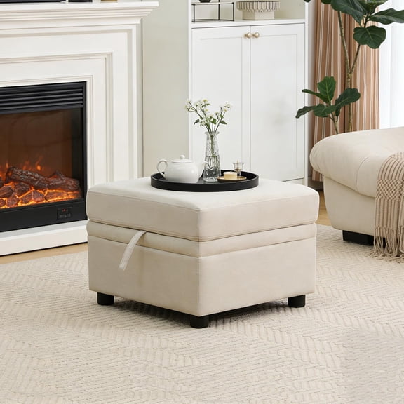 Fabric Ottoman Bench with Storage,23 Inches Linen Large Square Storage Chest,Coffee Table,Foot Rest Stool Ottoman for Living Room,Apartment,Entryway,Beige