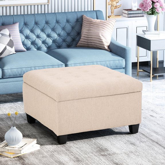 Fabric Ottoman, Dark Brown Leg Finish | Home Decor Refresh, Storage Space | Soft - Closing Feature, Seamless Blend