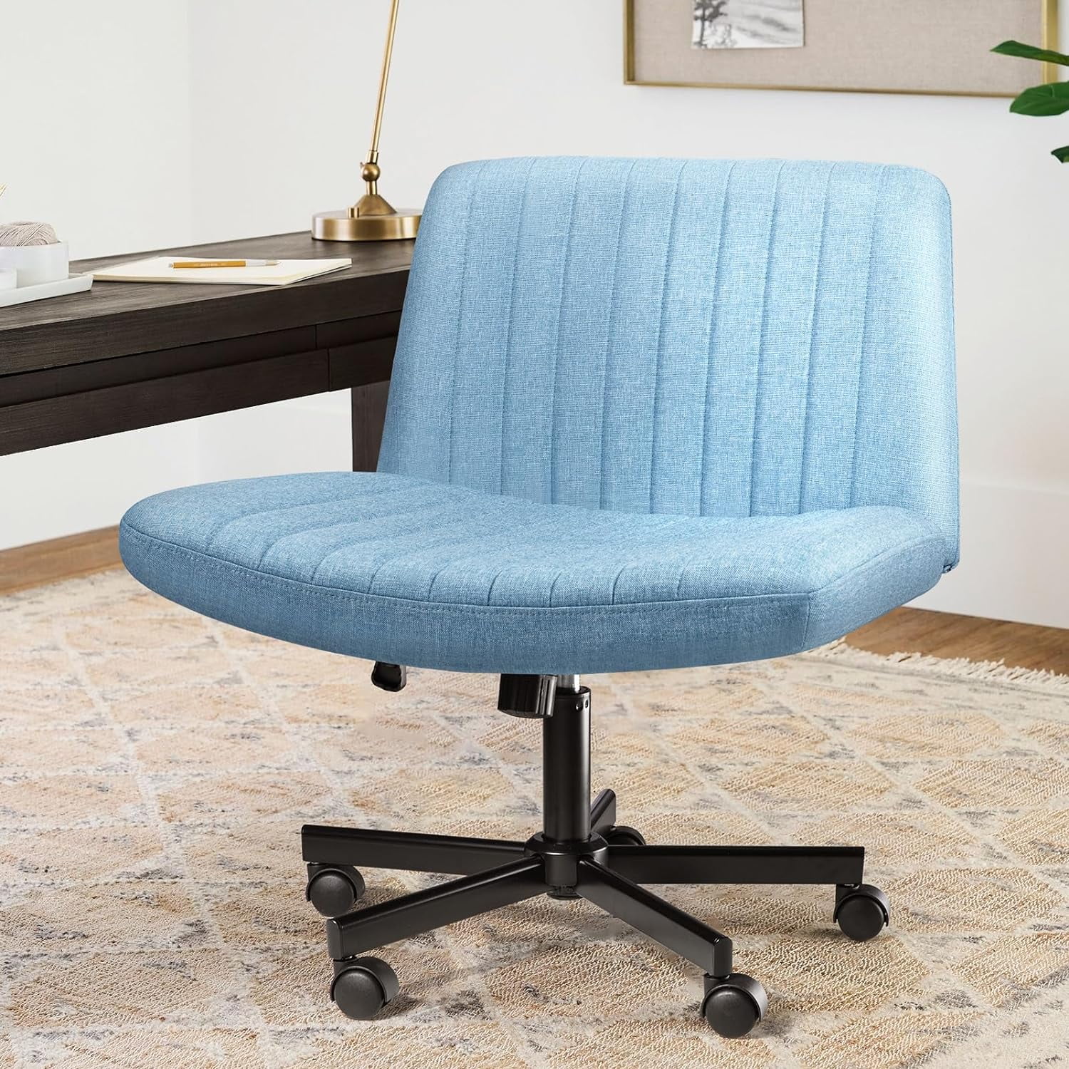 Fabric Padded Desk Chair No Wheels Armless Wide Swivel Home Office Desk