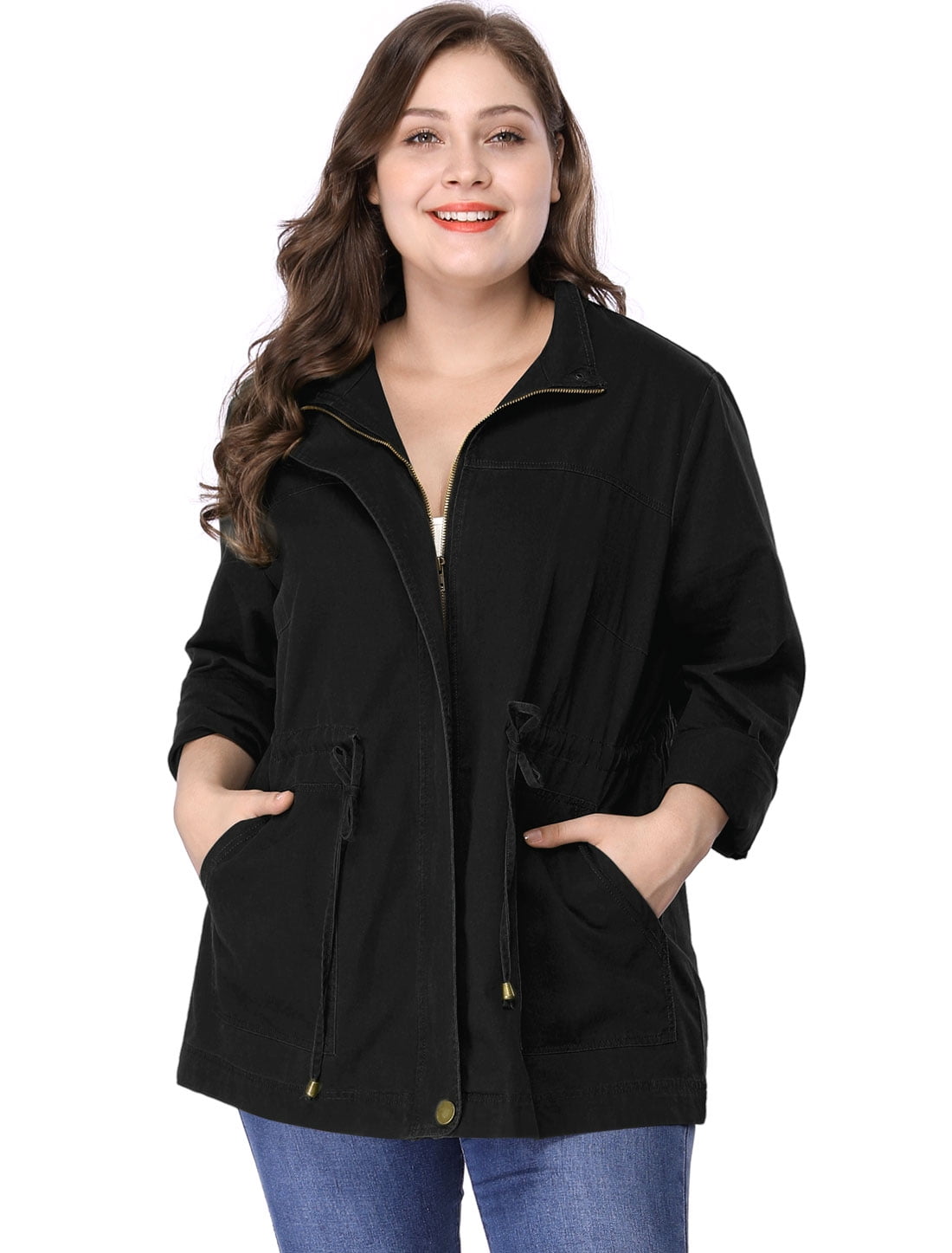 DARING DIVA Women's Plus Size Drawstring Waist Zip-up Utility Jacket 6X Black