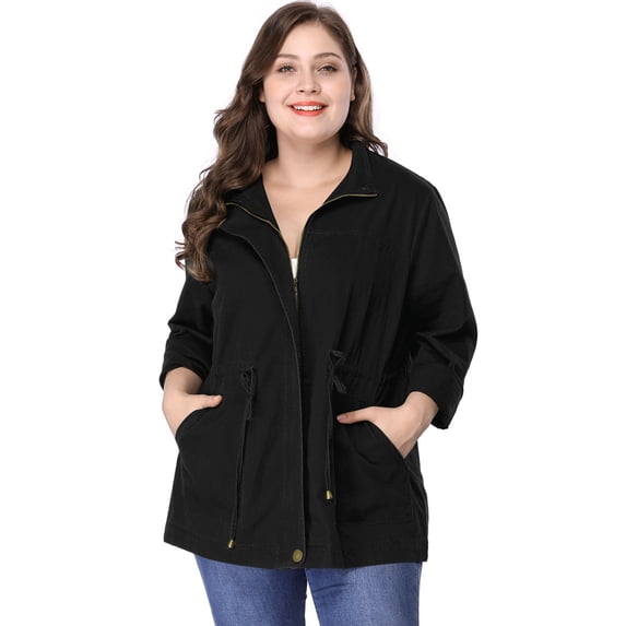 DARING DIVA Women's Plus Size Drawstring Waist Zip-up Utility Jacket 6X Black