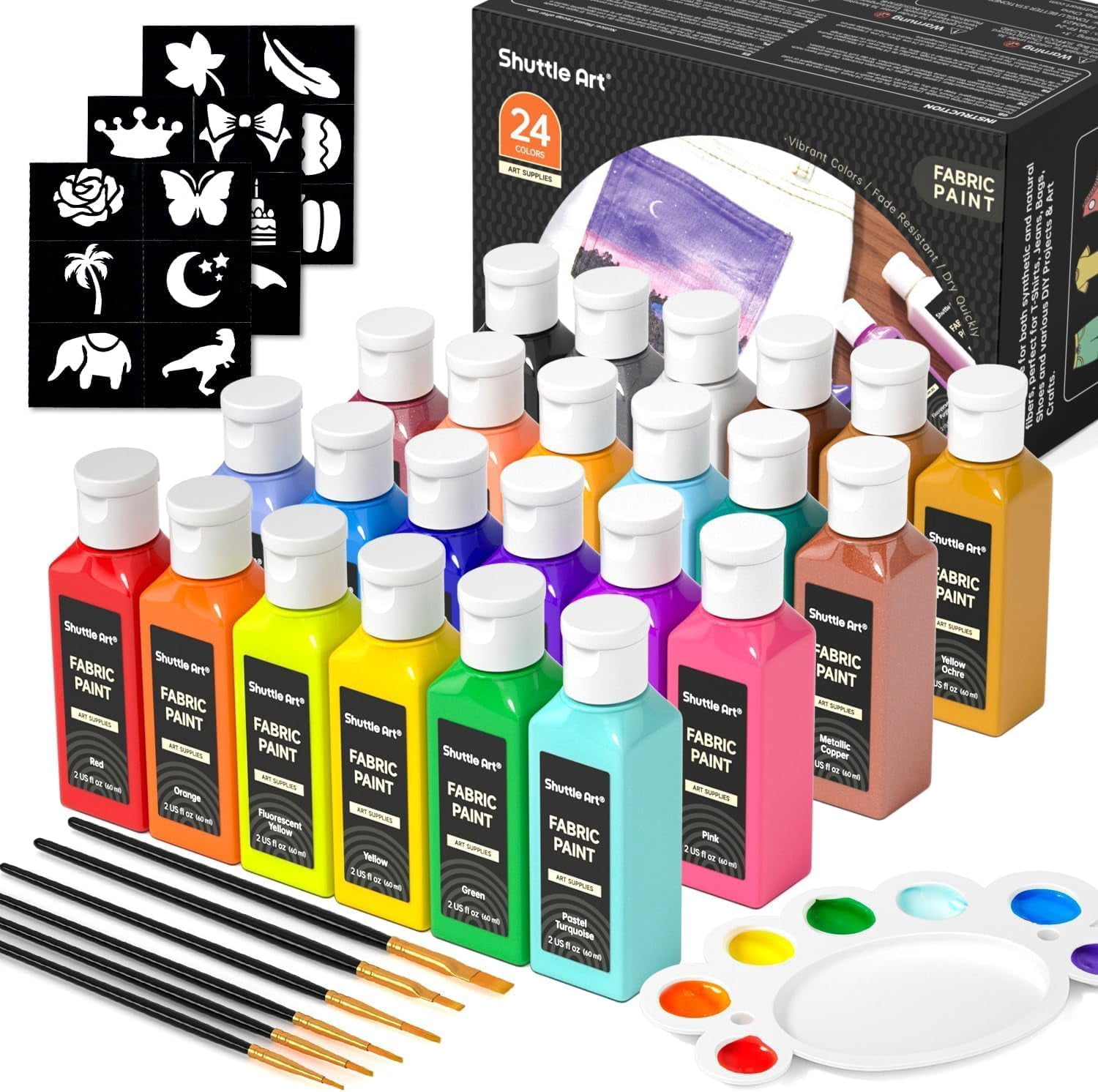 Fabric Paint 24 Colors Permanent Soft Fabric Paint in Bottles (60ml/2oz) with Brushes &Stencils, Non-Toxic Textile Paint for T-Shirts, Shoes, Jeans, Bags, DIY Projects & Crafts