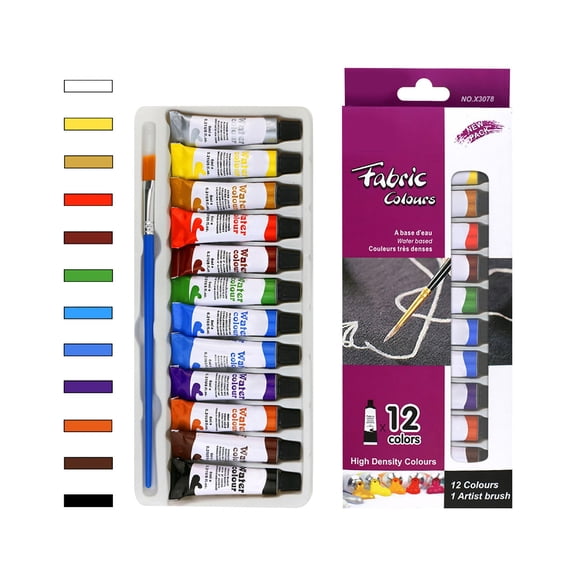 Fabric Paint Set - 12 Tubes Of 6Ml High Density Colors For Fabric, Canvas, Glass, Handmade Models, Diy Crafts, Art Painting - Includes 1 Paintbrush For Artists, Hobbyists,