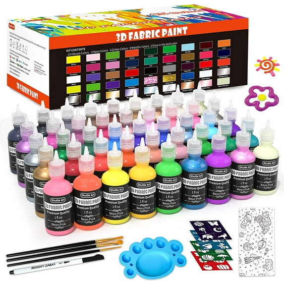 Fabric Paint Set, Shuttle Art 45 Colors 3D Permanent Paint with Brushes Palette Fabric Pen Fabric Sheet Stencils, Glow in The Dark, Glitter,Metallic Colors for Textile Fabric T-shirt Jeans Glass