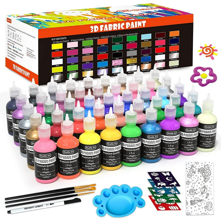 Shuttle Art Fabric Paint Set, 45 Colors 3D Puffy Paint, Glow in