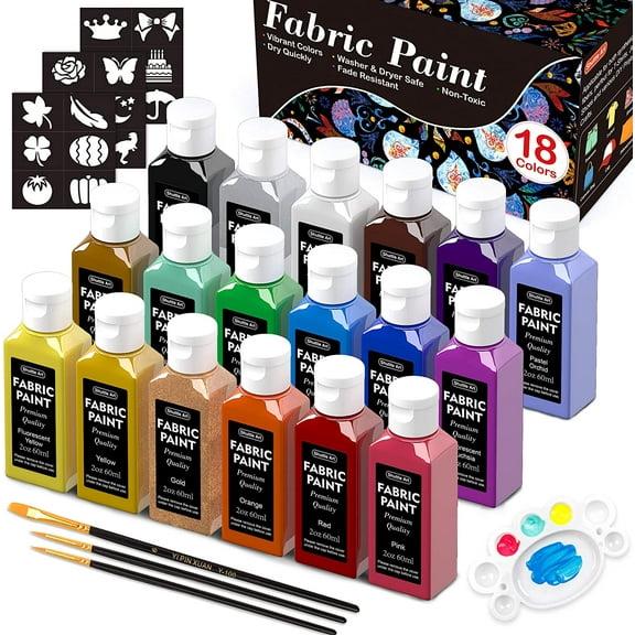 Fabric Paint, Shuttle Art 18 Colors Permanent Soft Fabric Paint in Bottles (60ml/2oz) with Brushes, Palette, Stencils, Textile Paint for T-shirts, Shoes, Jeans, Bags, Art Crafts