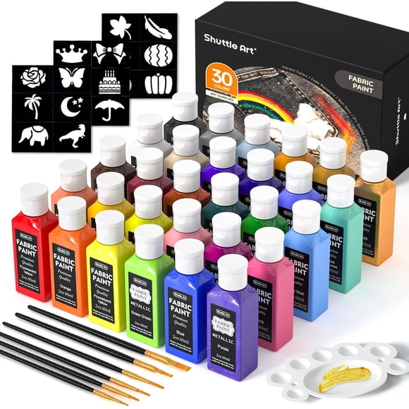 Fabric Paint, Shuttle Art 30 Colors Permanent Soft Fabric Paint in Bottles (60ml/2oz) with Brushes, Palette, Stencils, Non-Toxic Textile Paint for T-shirts, Shoes, Jeans, Bags, DIY Projects