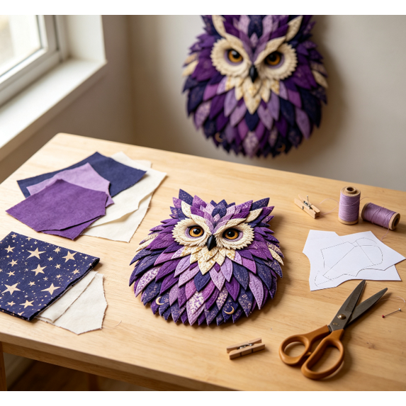 Fabric Patchwork Owl Wall Hanging DIY Craft Kit Multi‑Layer Cloth Material Set for Assembling Vintage Textured Owl Art Piece for Indoor Wall Decoration (Purple)