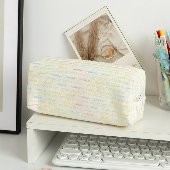 Fabric Pencil Case with Colorful Stripe Design, Large Capacity Zippered Stationery Pouch, Rectangular Pen Holder, Multi-Purpose Storage Bag for Office, Home and Travel