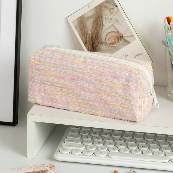 Fabric Pencil Case with Colorful Stripe Design, Large Capacity Zippered Stationery Pouch, Rectangular Pen Holder, Multi-Purpose Storage Bag for Office, Home and Travel