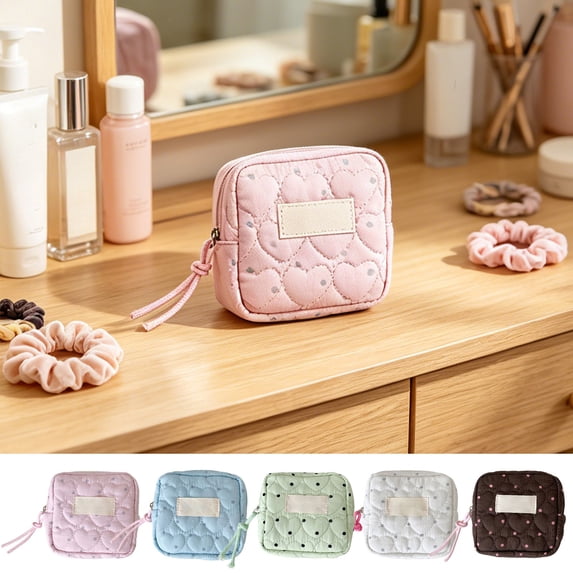 Fabric Period Storage Bag,Heart Dot Quilted Soft Cloth Mini Portable Pouch,Multi Purpose Small Organizer For Campus Daily Outdoor Short Travel Carry(Blue)