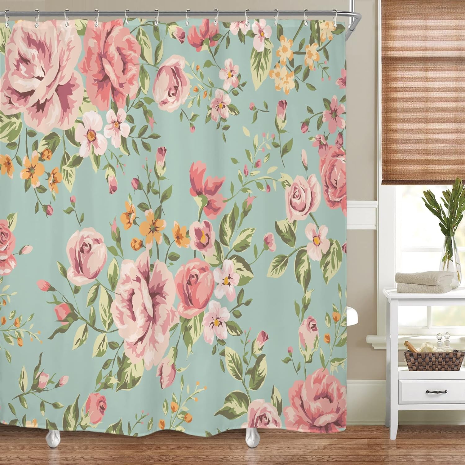 Rustic Pink Floral Fabric Shower Curtain with Green Leaves