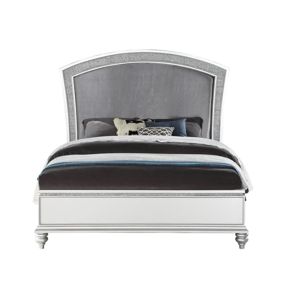 Fabric & Platinum Finish E. King Bed - Exquisite Bedroom Option. Arched Headboard Upholstered In Fluffy With Shining Rhinestone Details. Rectangular Low-profile For Fashion-forward Style. Sturdily