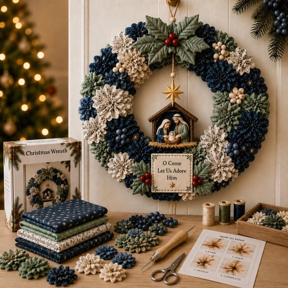 Fabric Poke Wreath 3D DIY Kit Pre-Punched No-Sew Holiday Door Decor for Adults