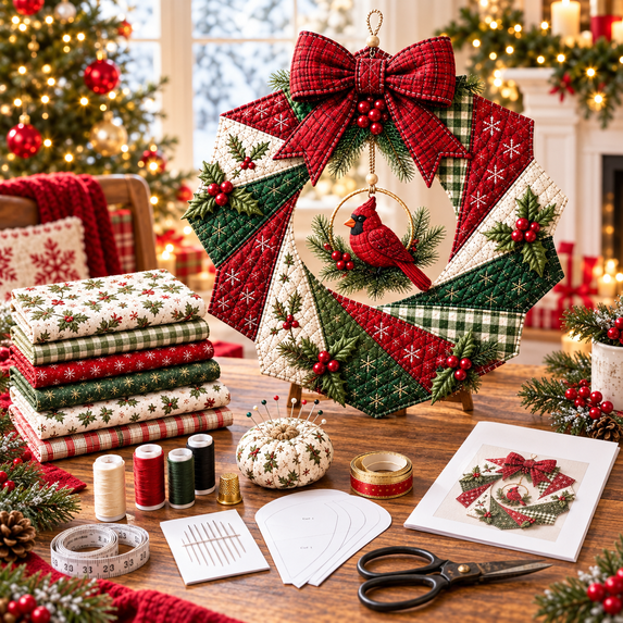 Fabric Poke Wreath DIY Kit, Christmas Wreath DIY Kit for Adults, Door Hanging Holiday Craft Decor with Bow