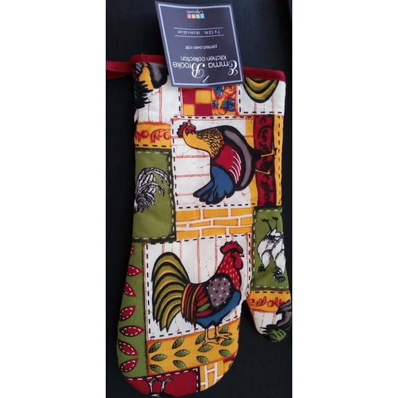 Fabric Printed Kitchen 13" Jumbo Oven Mitt, Roosters Patchwork,Burgundy Back, Hd
