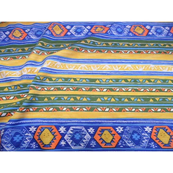 Fabric Printed Spandex Stretch Yellow Orange Green Blue Striped Aztec D304