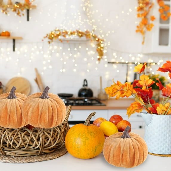 Fabric Pumpkin Decor for Halloween Thanksgiving Harvest Festival,Golden Velvet Stuffed Fall Decorations,Cute Desktop Tabletop Decor,Home Party Gift,3.15in Orange Yellow Green White Gray