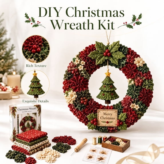 Fabric Punch Needle Wreath Set for Home Wall Decor, DIY Kit with Polyester Semi-Lustre Fabric and Tools, Complete Craft Kit, Relaxing DIY Project, Gift, Handmade