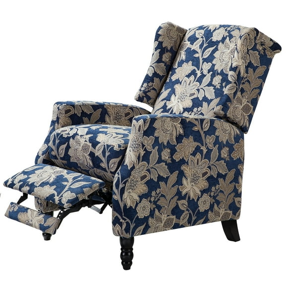 Fabric Push Back Recliner Chair, Tina's Home Wide Arm Wingback Wood Leg Living Room Theater Floral