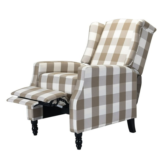 Push Back Recliner Chair, Tina's Home Fabric Relaxing Armrest Wingback Accent Sofa Wood Legs Living Room Theater Plaid