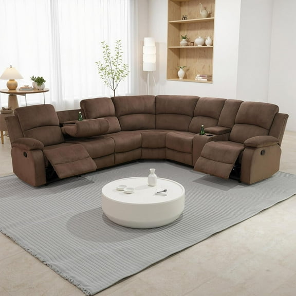 Fabric Recliner Sofa Set for Living Room,Manual Reclining Sectional Set with Cup Holders,Living Room Furniture,Corduroy Recliner Couch Set with Storage for Home Office (Brown, Sectional)