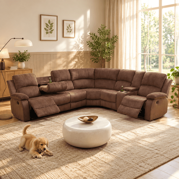Manual Reclining Sectional Sofa, Brown Corduroy Recliner Couch Set with Cup Holders & Hidden Storage, Multi-Use Furniture for Living Room & Home Office