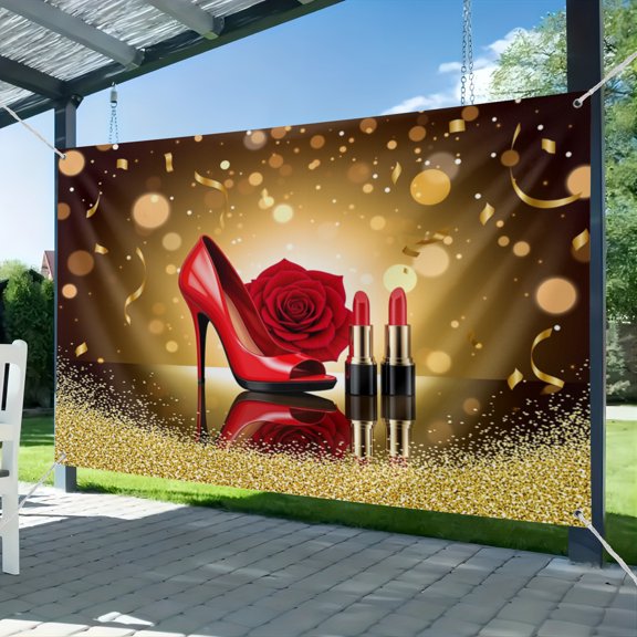 Fabric Red Gold Bokeh Birthday Party Backdrop Lady Queen High Heel Shoes Rose Lipstick Photography Background for Girls Women Birthday Party Decor Photo Studio Props