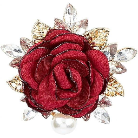 Fabric Red Rose Brooch Pin with Crystal Rhinestone Floral Flower Decorative Dress Brooch for Women and Men Wedding