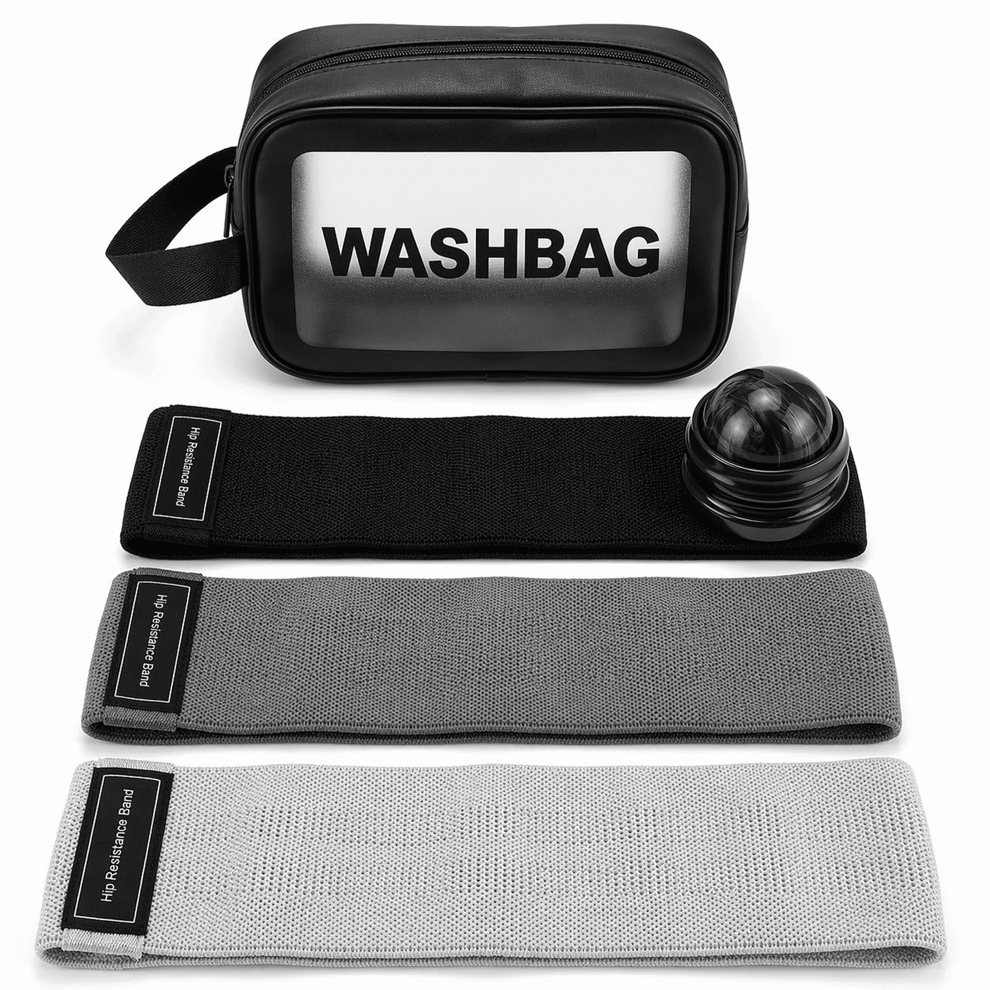 Fabric Resistance Bands for Working Out Women - Set of 3 with Massage Roller Ball & Waterproof Gym Bag - Anti-Slip Glute, Hip & Leg Workout Bands (Black, Gray, Light Gray)
