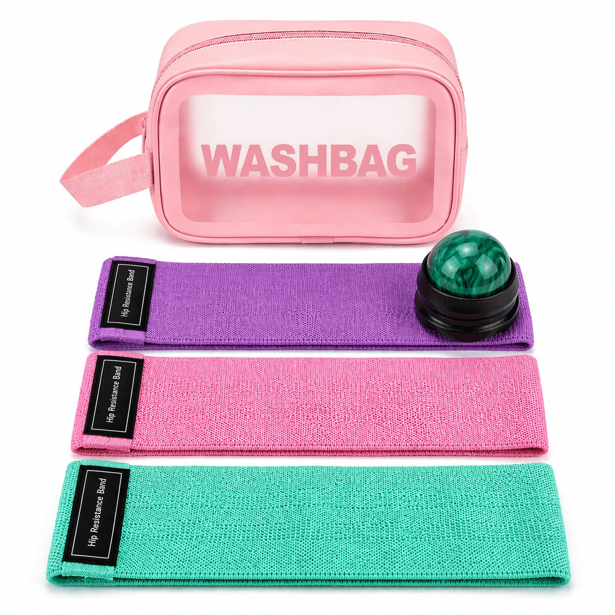 Fabric Resistance Bands for Working Out Women - Set of 3 with Massage Roller Ball & Waterproof Gym Bag - Anti-Slip Glute, Hip & Leg Workout Bands