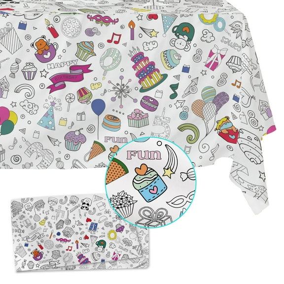 Fabric Reusable Coloring Tablecloth - Washable Coloring Mat for Kids and Adults, Giant Coloring Poster with Bleed-Resistant Lining, Sewn Edges, and Fun Designs (Birthday, 48"x60")