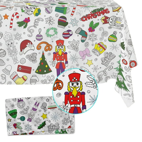 Fabric Reusable Coloring Tablecloth - Washable Coloring Mat for Kids and Adults, Giant Coloring Poster with Bleed-Resistant Lining, Sewn Edges, and Fun Designs (Christmas, 48"x84")