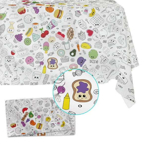 Fabric Reusable Coloring Tablecloth - Washable Coloring Mat for Kids and Adults, Giant Coloring Poster with Bleed-Resistant Lining, Sewn Edges, and Fun Designs (Food, 48"x60")