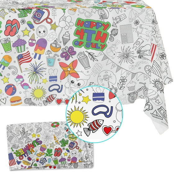 Fabric Reusable Coloring Tablecloth - Washable Coloring Mat for Kids and Adults, Giant Coloring Poster with Bleed-Resistant Lining, Sewn Edges, and Fun Designs (Summer, 48"x84")