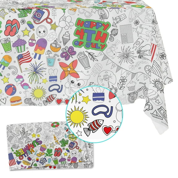 Fabric Reusable Coloring Tablecloth - Washable Coloring Mat for Kids and Adults, Giant Coloring Poster with Bleed-Resistant Lining, Sewn Edges, and Fun Designs (Summer, 48"x60")