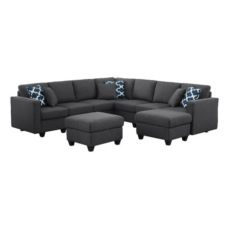 Fabric Reversible Sectional Modern Sofa With Two Ottoman-Dark Gray