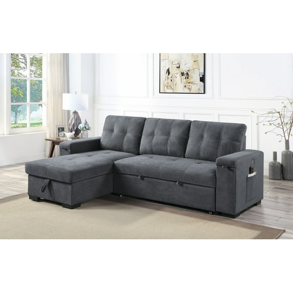 Fabric Reversible Sleeper Couch Sectional Sofa with Storage Chaise Cup Holder 2 USB Ports and Pockets, L Shape Sofa Corner Sofa with Pull-out Bed, Reversible Storage Chaise for Living Room Bedr