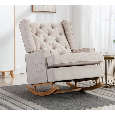 Fabric Rocking Chair with Side Pocket Mid-Century Modern Nursery Rocking Armchair w/Wood Frame Upholstered Tall Back Accent Glider Rocker for Living Room(Beige + Polyester)