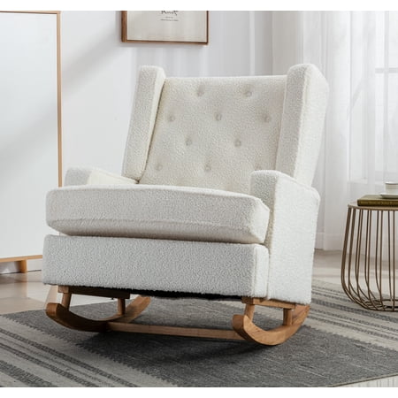 Fabric Rocking Chair with Side Pocket Mid-Century Modern Nursery Rocking Armchair w/Wood Frame Upholstered Tall Back Accent Glider Rocker for Living Room(White Teddy + Polyester)