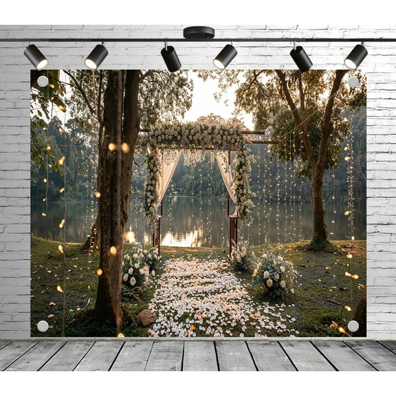 Fabric Romantic Lakeside Floral Wedding Arch Backdrop（Suitable for Wedding Decoration, Photoshoots, and Natural Romantic - Themed Events）Bridal Floral Fabric Banner
