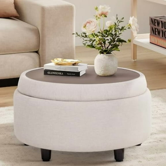 Fabric Round Storage Ottoman with Reversible Tray Lid – Multi-Functional Footrest, Hidden Storage, Sturdy & Stylish Small Coffee Table for Living Room, Bedroom, or Entryway(Beige)