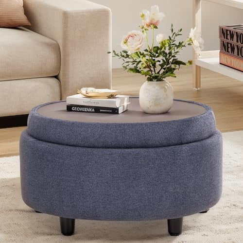 Fabric Round Storage Ottoman with Reversible Tray Lid – Multi-Functional Footrest, Hidden Storage, Sturdy & Stylish Small Coffee Table for Living Room, Bedroom, or Entryway(Blue)
